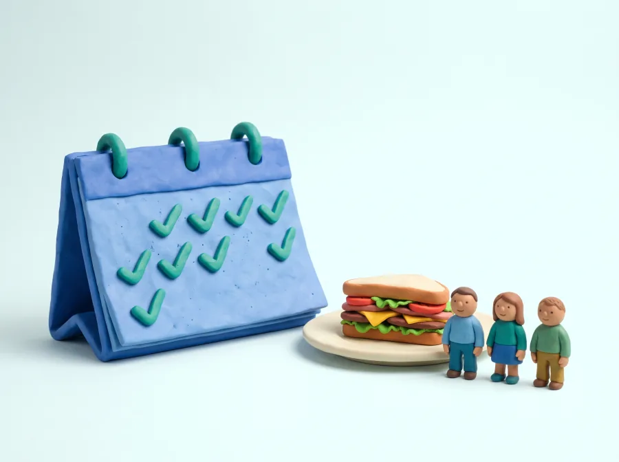 Klei-illustratie: een blauwe agenda met groene vinkjes, een bord met een boterham en drie kleine figuurtjes.