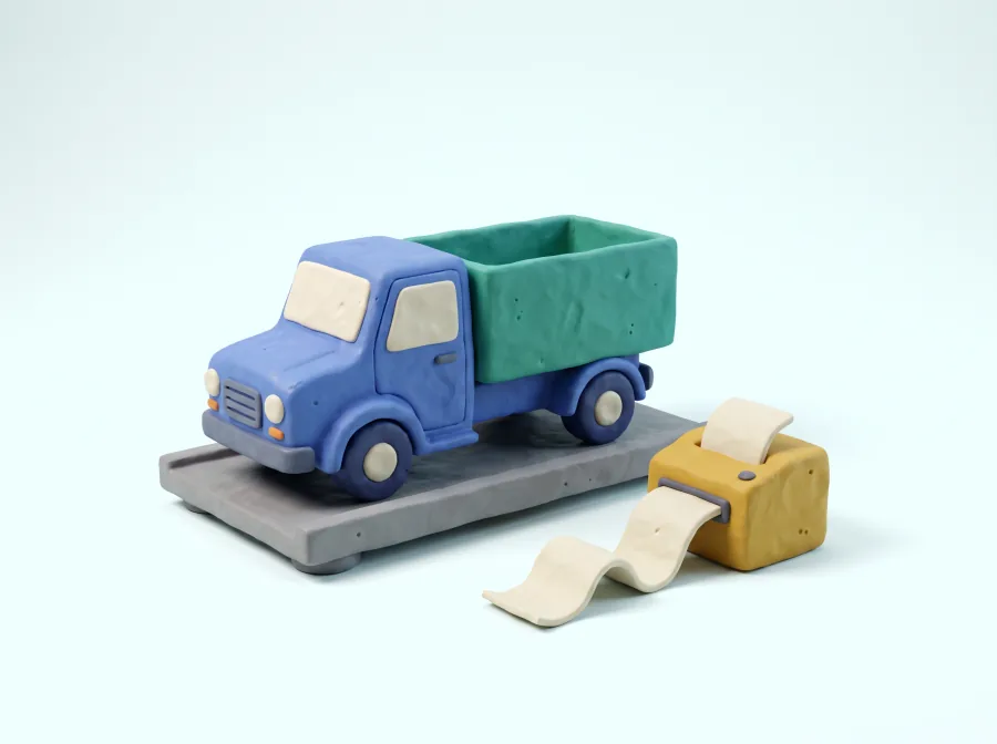 Klei-illustratie: een vrachtwagen op een terracotta weegbrug, met een papieren bon die uit de printer rolt.