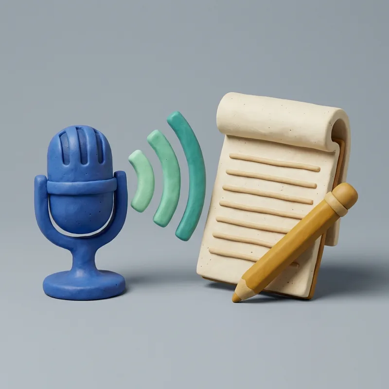 Klei-illustratie: een microfoon met geluidsgolven die op een notitieblok veranderen in nette regels.