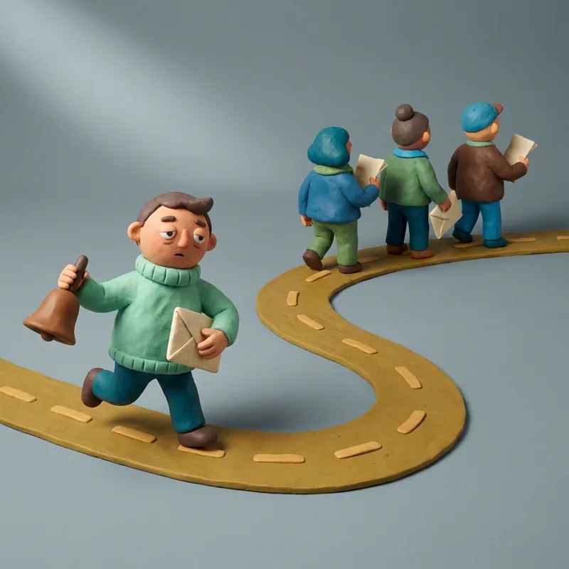Klei-illustratie: een figuurtje met een bel en een envelop dat achter drie wegwandelende collega's met papieren aan rent.