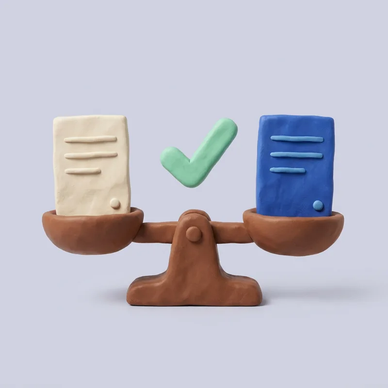 Klei-illustratie: een weegschaal met links een factuur en rechts een order, met een vinkje erboven.