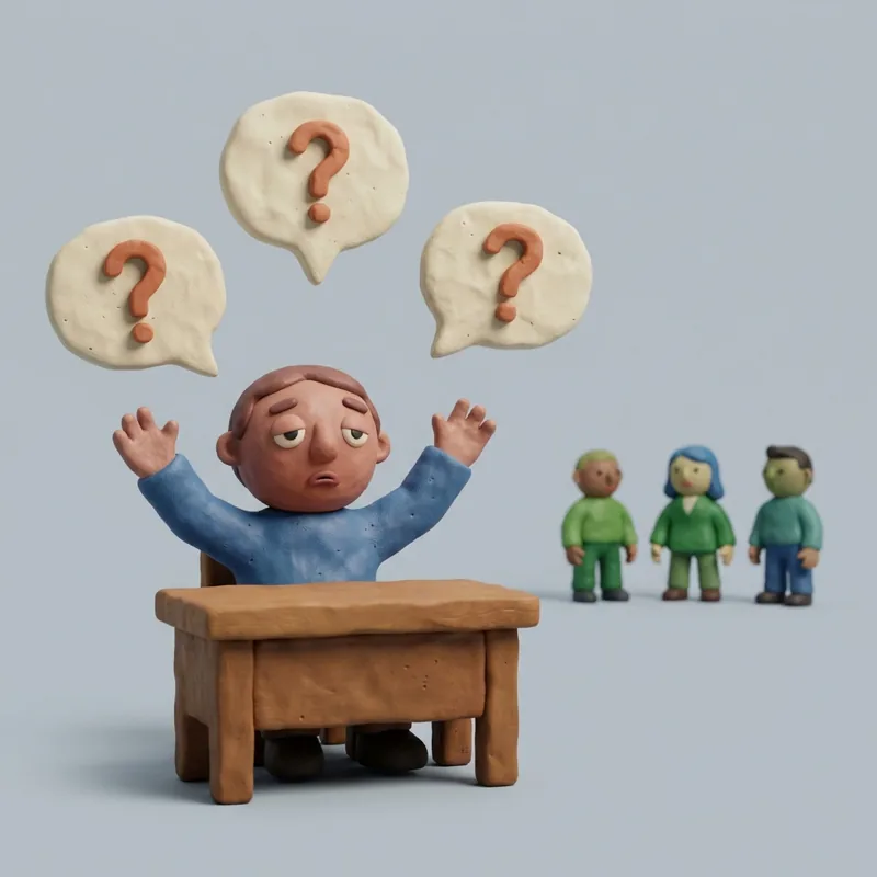 Klei-illustratie: een vermoeid figuurtje aan een bureau met drie gelijke spreekwolkjes met vraagtekens erboven.