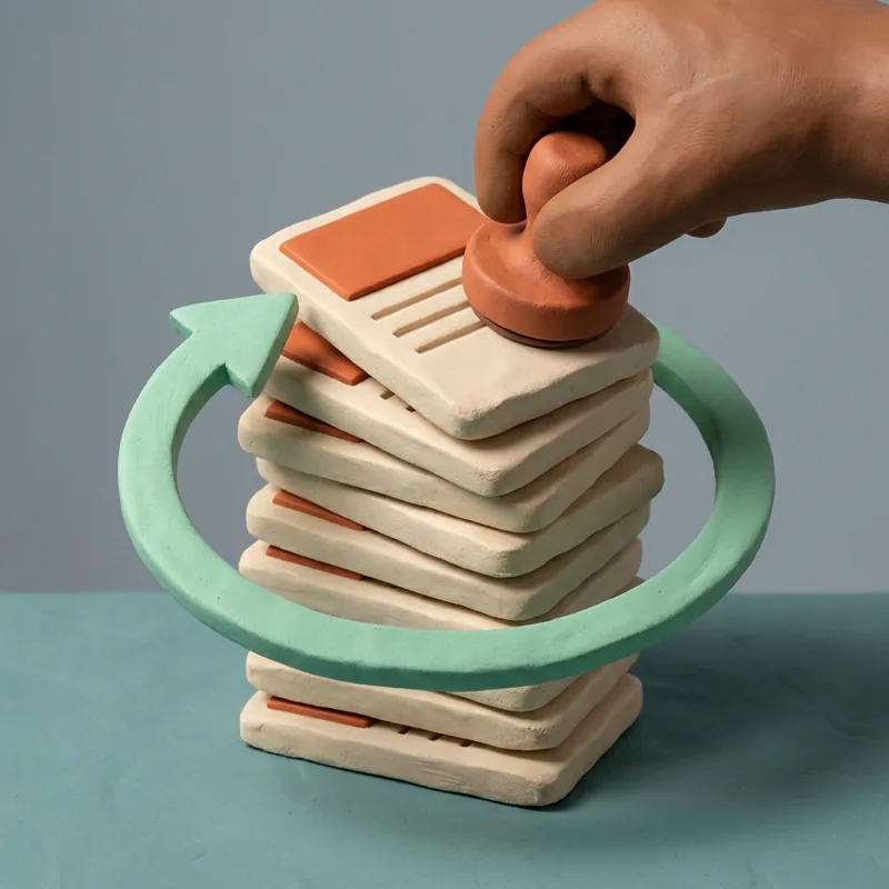 Klei-illustratie: een stapel gelijke documenten waar een hand telkens een stempel op zet.
