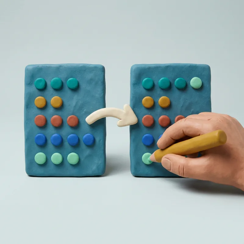 Klei-illustratie: twee identieke lijstjes naast elkaar, met een hand die een rij van het ene naar het andere lijstje overschrijft.