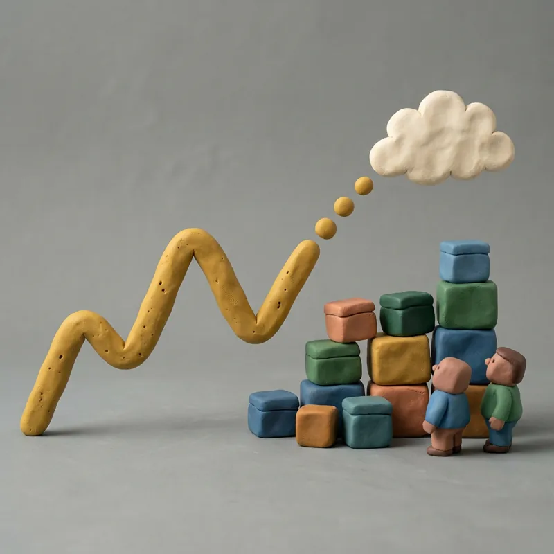 Klei-illustratie: een lijngrafiek die als stippellijn in een wolk verdwijnt, naast een groeiende stapel doosjes.