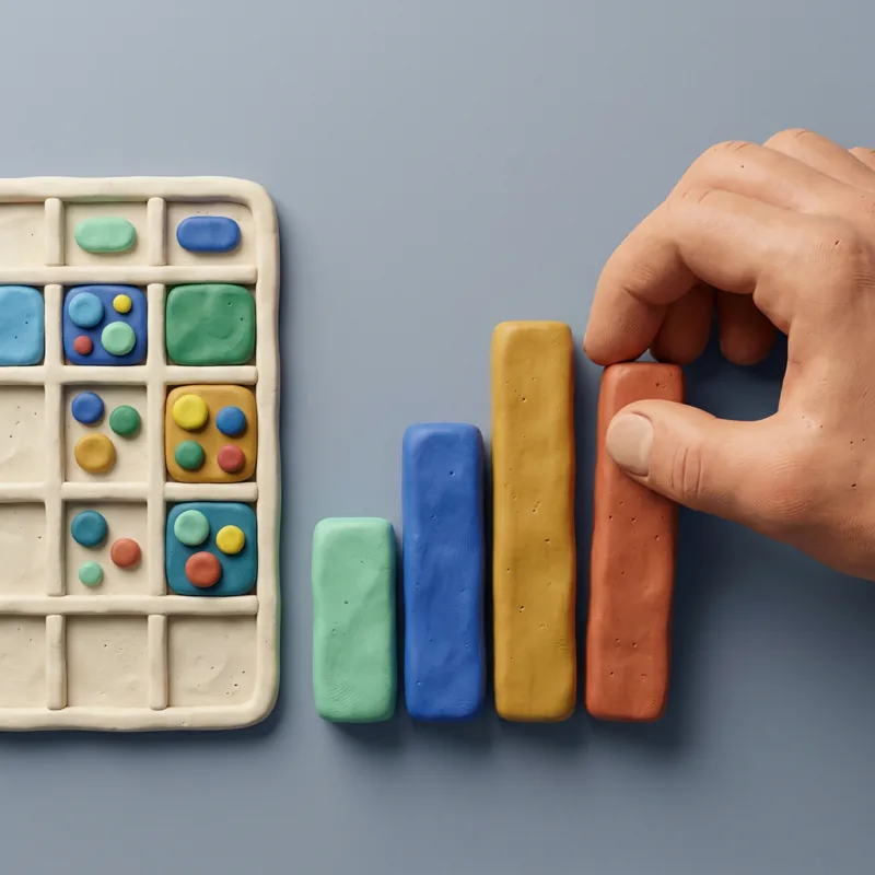Klei-illustratie: een spreadsheet naast een staafdiagram waar een hand nog een balk bij zet.