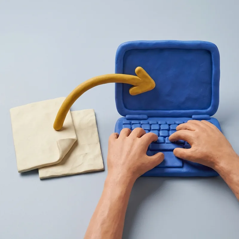 Klei-illustratie: papieren formulieren naast een laptop, met twee handen die de gegevens intikken.