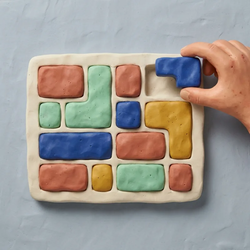 Klei-illustratie: een planbord waarin gekleurde blokken als puzzel passen, met één blok dat net niet past.