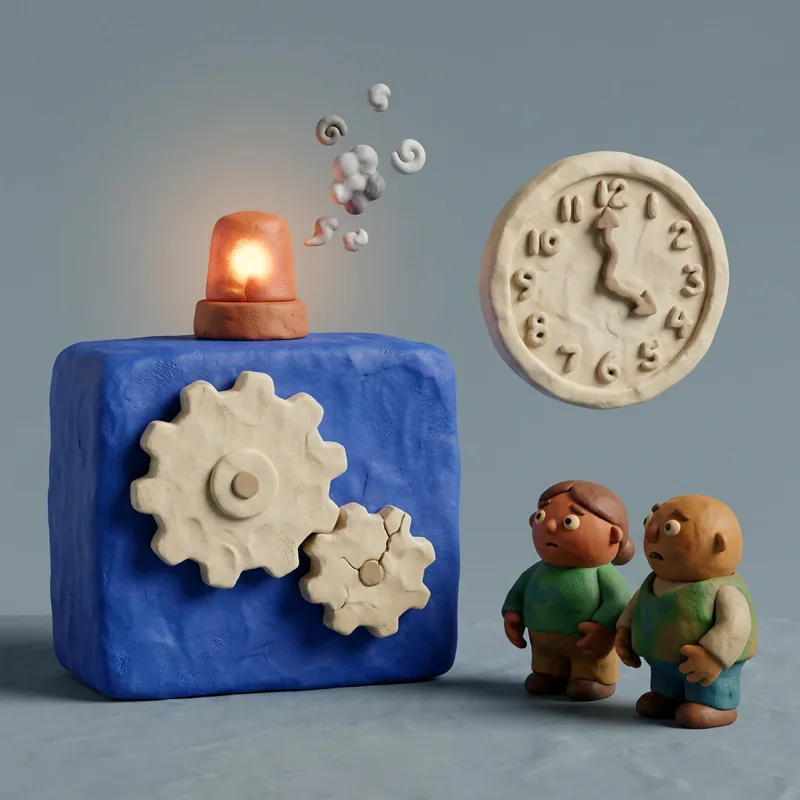 Klei-illustratie: een machine met een gebarsten tandwiel waarop net een alarmlampje aangaat, met een klokje ernaast.