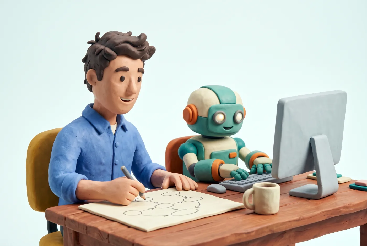 Klei-illustratie: een medewerker schetst een diagram terwijl een kleine robot naast hem de cijfers overtypt in de computer.