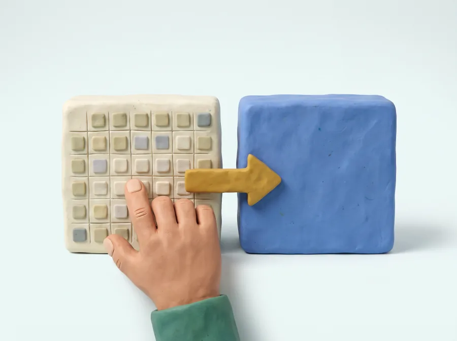 Klei-illustratie: een hand typt op een blok met een spreadsheet-raster, met een gele pijl naar een blauw blok.