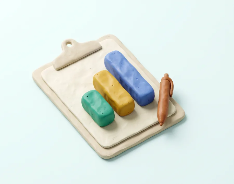 Klei-illustratie: een klembord met drie staven in mint, mosterd en terracotta, en een pen ernaast.