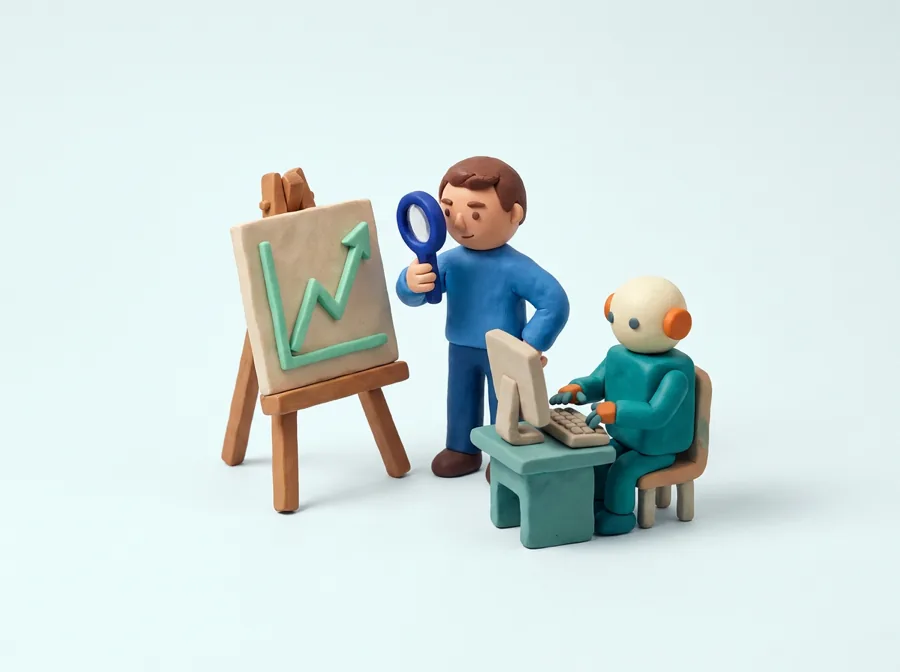 Klei-illustratie: een man met een vergrootglas bekijkt een stijgende grafiek terwijl een robot naast hem het typwerk doet.